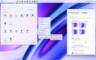 Windows 11 desktop with Taskbar at the top, new Start menu, and customizable context menu.