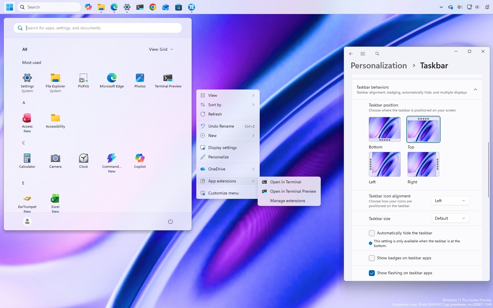 Windows 11 desktop with Taskbar at the top, new Start menu, and customizable context menu.