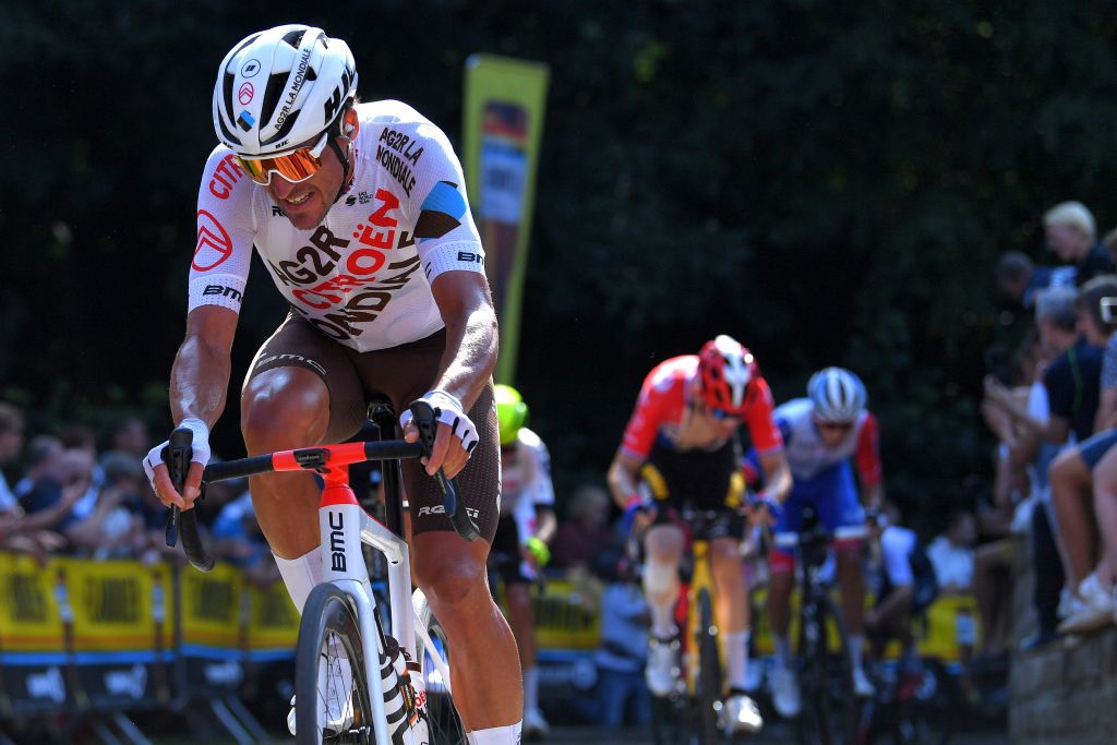 GERAARDSBERGEN BELGIUM SEPTEMBER 05 Greg Van Avermaet of Belgium and AG2R Citren Team competes during the 17th Benelux Tour 2021 Stage 7 a 1809km stage from Namur to Geraardsbergen BeneluxTour on September 05 2021 in Geraardsbergen Belgium Photo by Luc ClaessenGetty Images