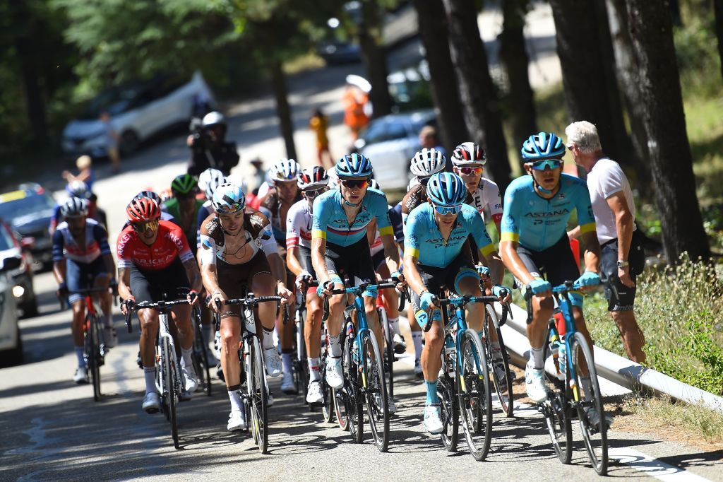 Team Astana leads the pack during the Mont Ventoux Denivele Challenge on August 6 2020 at the Mont Ventoux southern France Mont Ventoux Denivele Challenge is a 182 kms one day race from VaisonLaRomaine to Mont Ventoux with nearly 4000 meters of ascending elevation Photo by Sylvain THOMAS AFP Photo by SYLVAIN THOMASAFP via Getty Images
