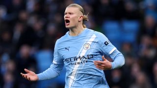 Erling Haaland of Manchester City reacts during the Emirates FA Cup Third Round match between Manchester City and Exeter City at Etihad Stadium on January 10, 2026 in Manchester, England.