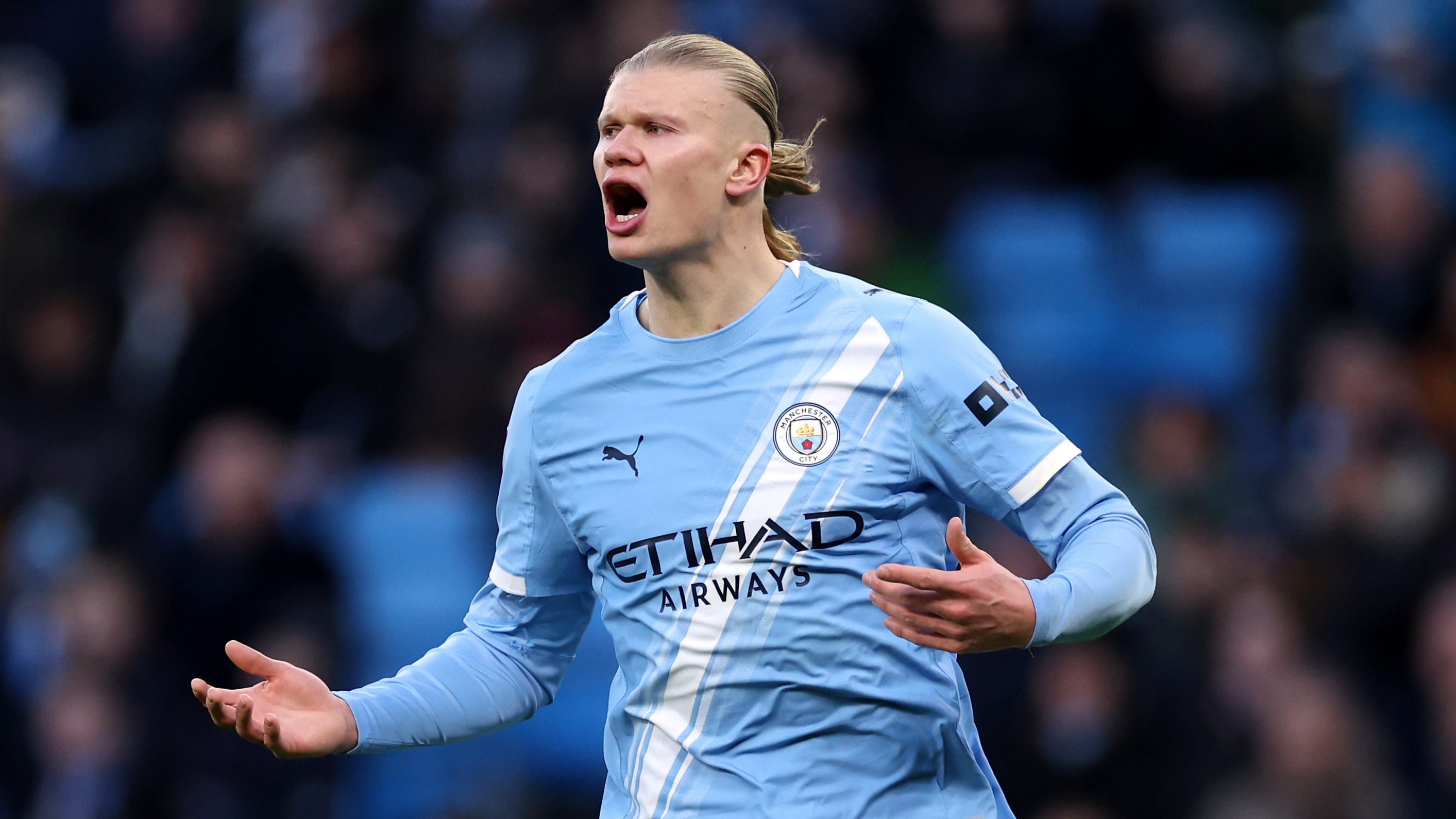 Erling Haaland of Manchester City reacts during the Emirates FA Cup Third Round match between Manchester City and Exeter City at Etihad Stadium on January 10, 2026 in Manchester, England.