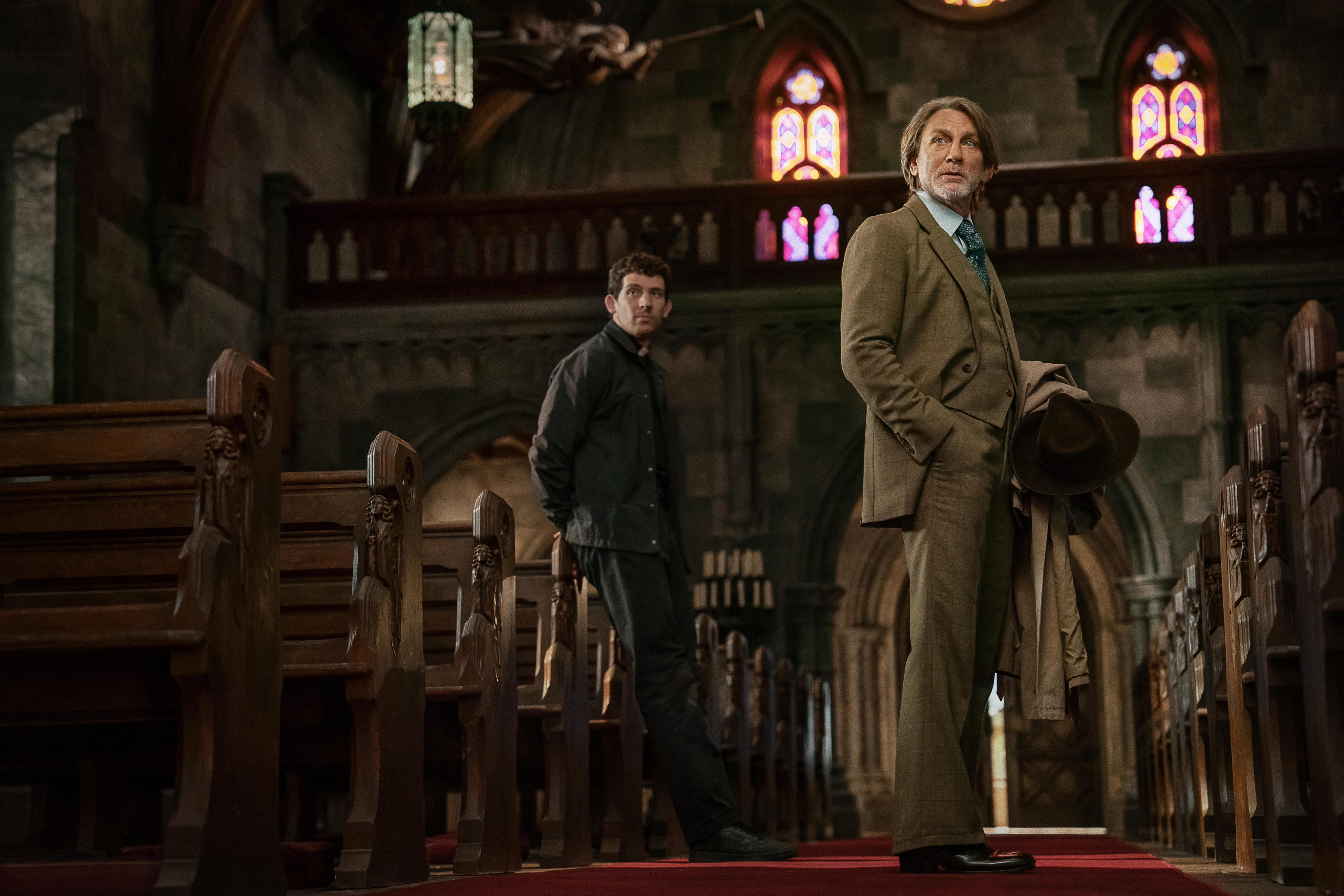 Daniel Craig as Benoit Blanc and Rev. Jud Duplenticy in Wake Up Dead Man