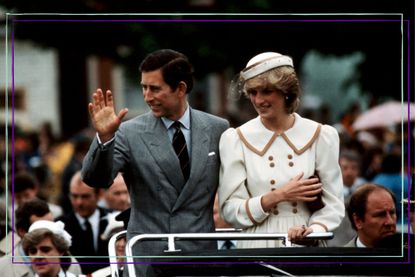 Charles and Diana waving to crowds from a carriage