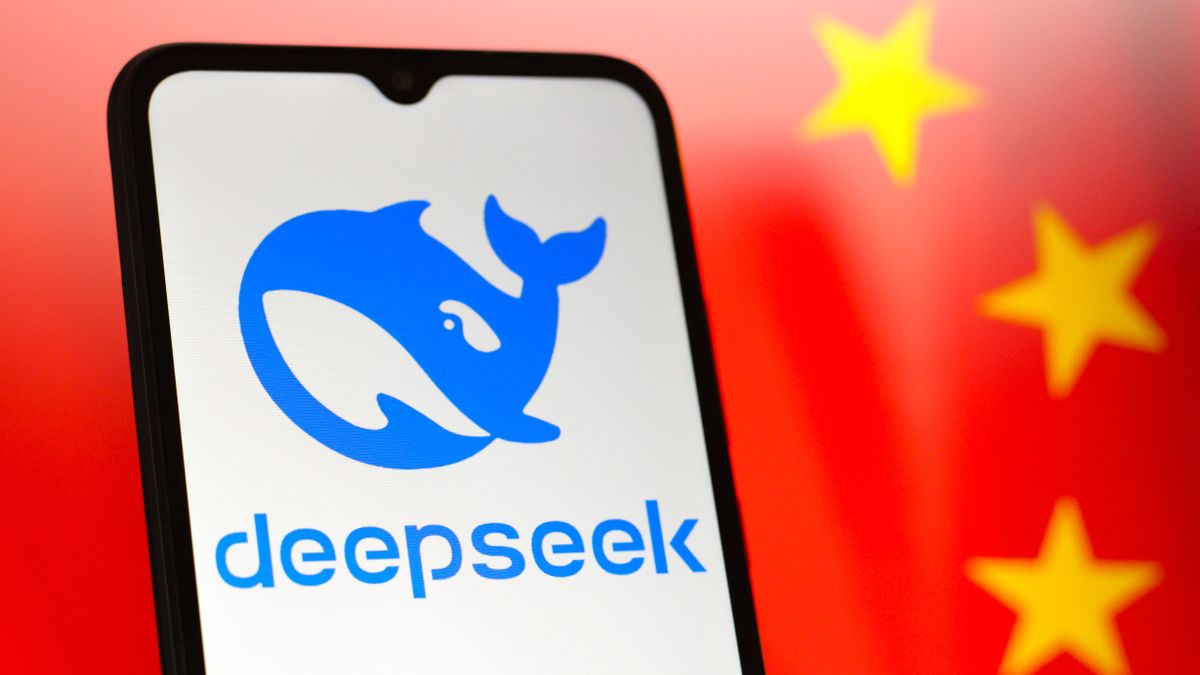 The DeepSeek logo appears on a smartphone with the flag of China in the background.