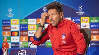 Atletico Madrid manager Diego Simeone scratches his head during a press conference ahead of the UEFA Champions League match between Atletico Madrid and Club Brugge on 12 October, 2022 at the Estadio Wanda Metropolitano, Madrid, Spain
