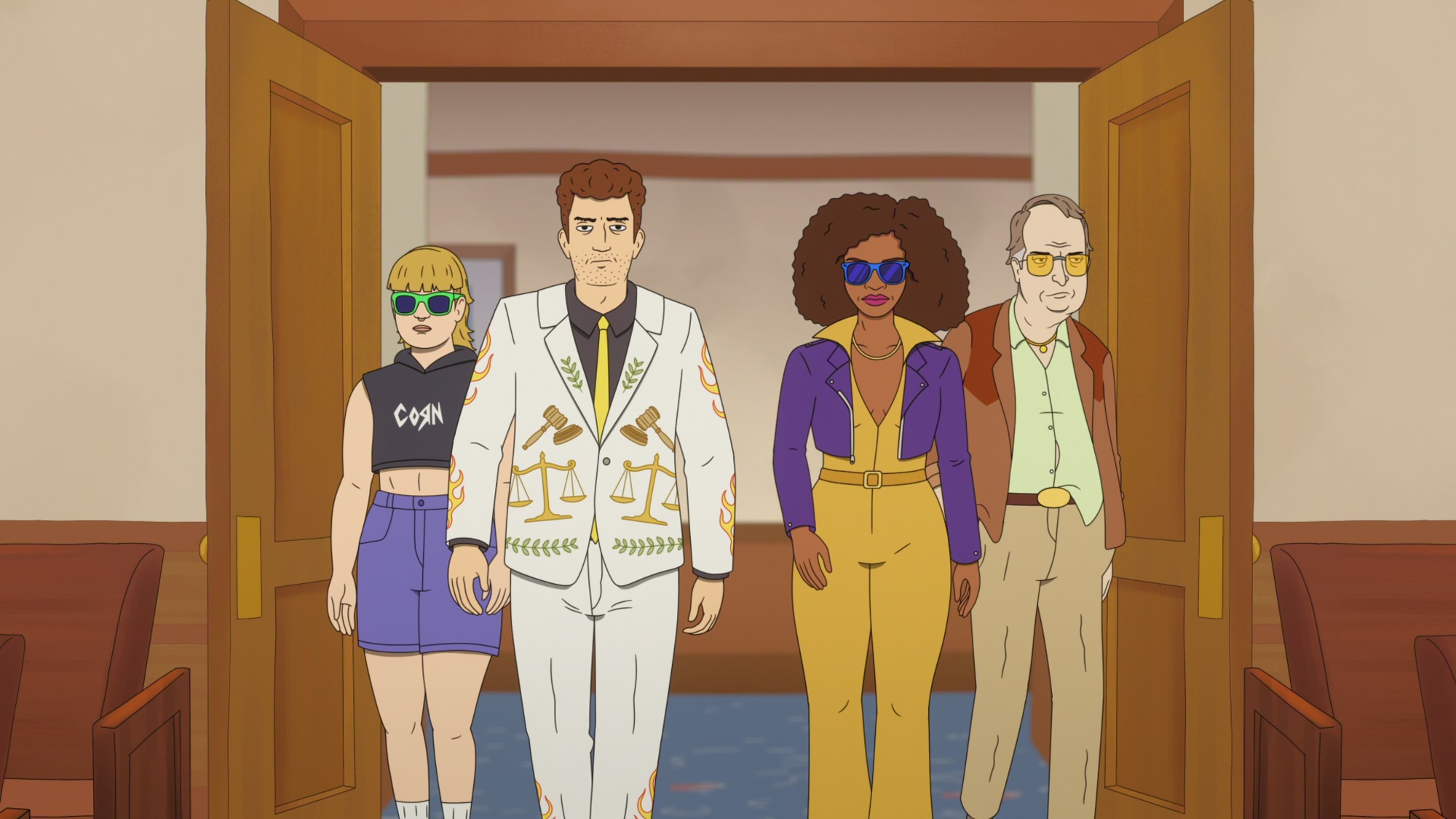 still of four characters from &lsquo;Strip Law&rsquo; entering a courtroom