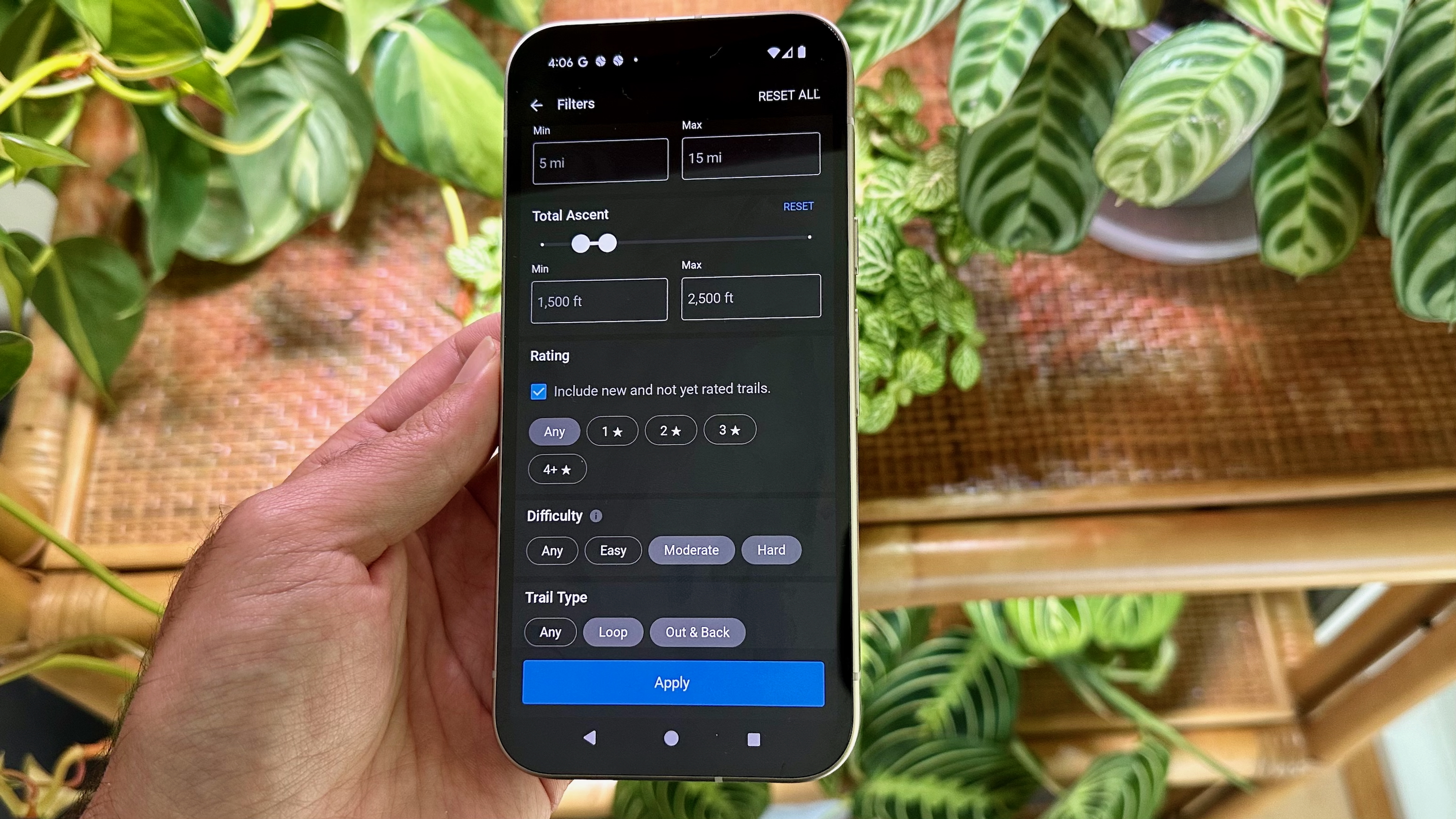 The Garmin Connect app showing Garmin Trails filters for finding a hiking spot, including distance, elevation gain, rating, difficulty, and type of trail.