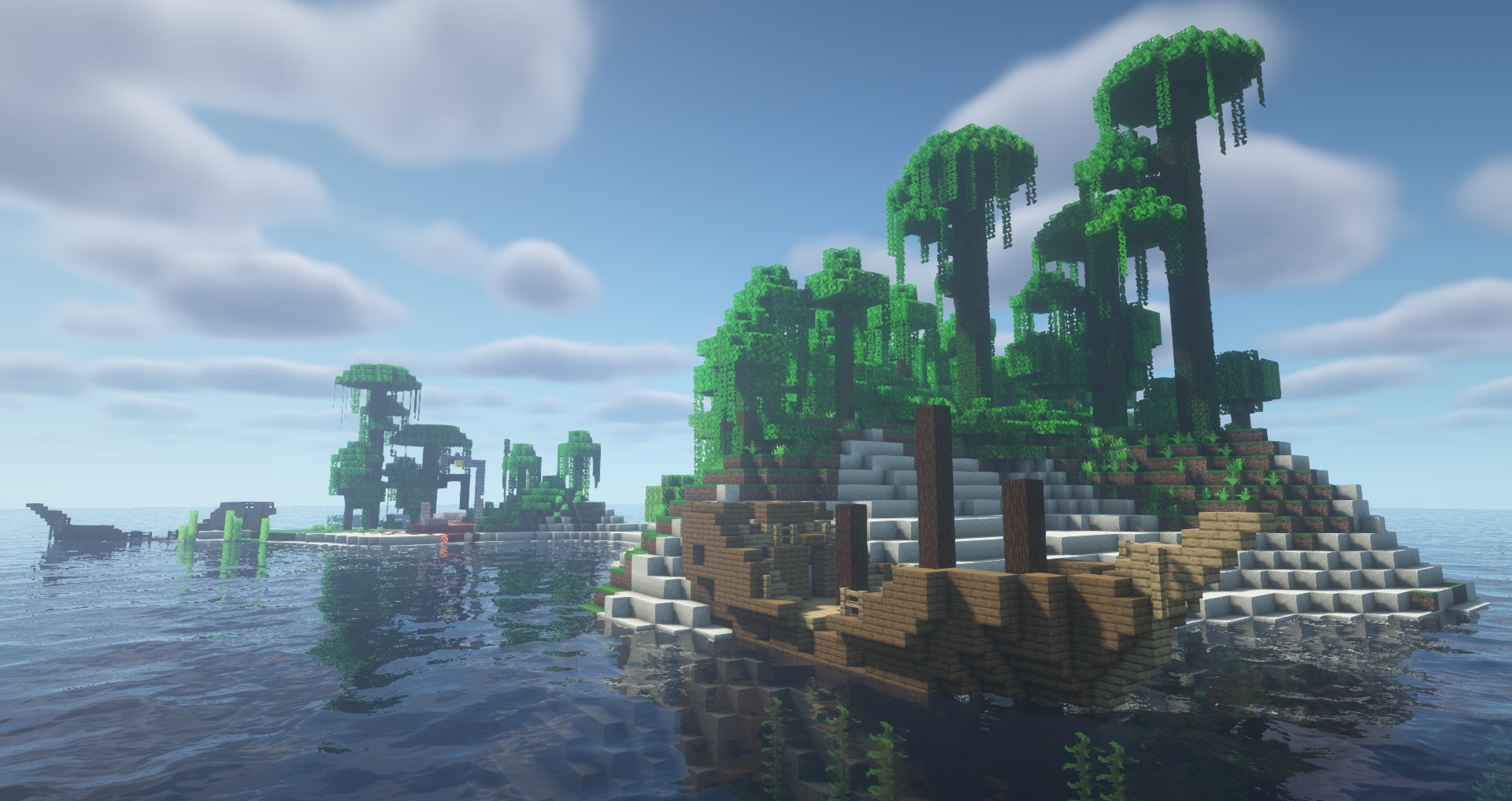 Minecraft seeds - Double shipwreck castaway - A small jungle island with two wrecked ships on its beaches and a ruined nether portal