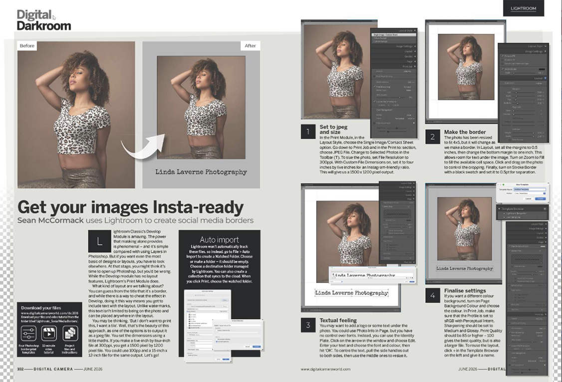 Image showing the Fundamentals tutorial in issue 308 (June 2026) of Digital Camera magazine, showing how to use Adobe Lightroom Classic to create social media borders