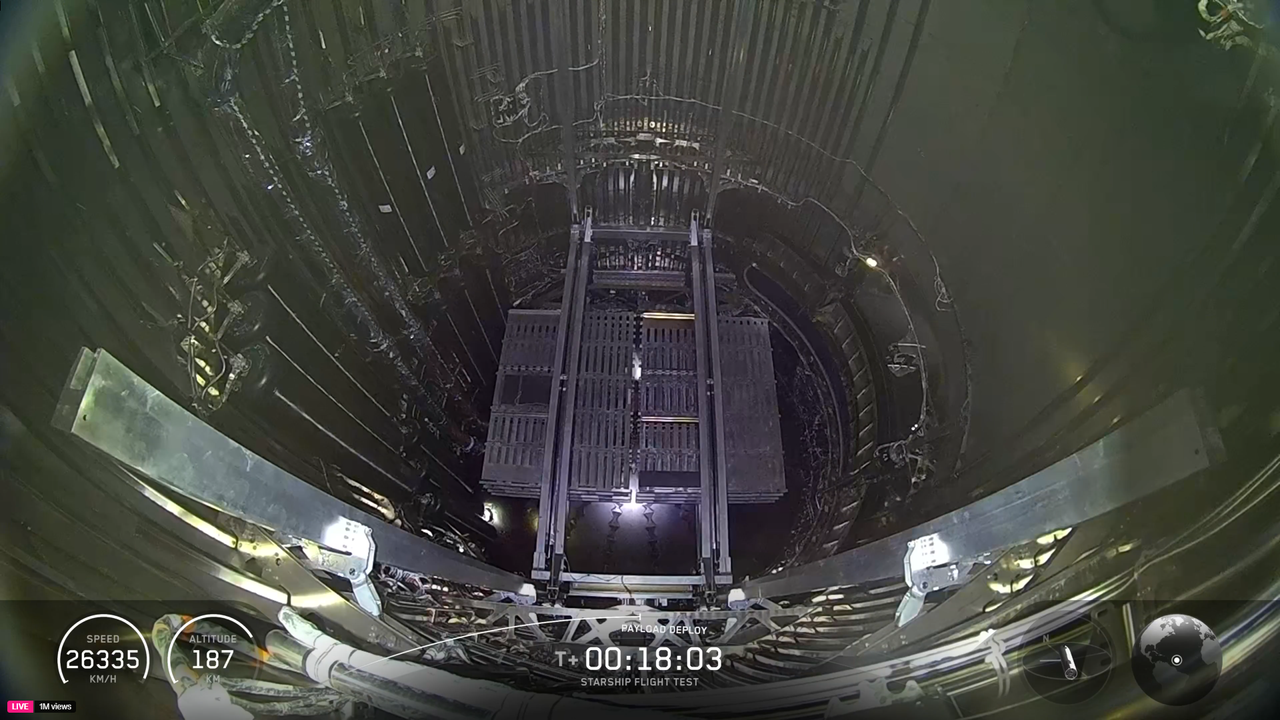 Flat satellites inside a giant rocket in space