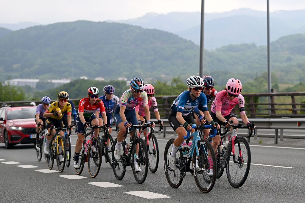 SAN SEBASTIAN SPAIN MAY 14 LR Pauliena Rooijakkers of The Netherlands and Team CanyonSRAM Racing Elizabeth Stannard of Australia and Team Israel Premier Tech Roland Blue Best Young Jersey and Kathrin Hammes of Germany and Team EF EducationTIBCOSVB compete in the breakaway during the 2nd Itzulia Women 2023 Stage 3 a 1148km stage from Donostia San Sebastian to Donostia San Sebastian UCIWWT on May 14 2023 in Donostia San Sebastian Spain Photo by Dario BelingheriGetty Images