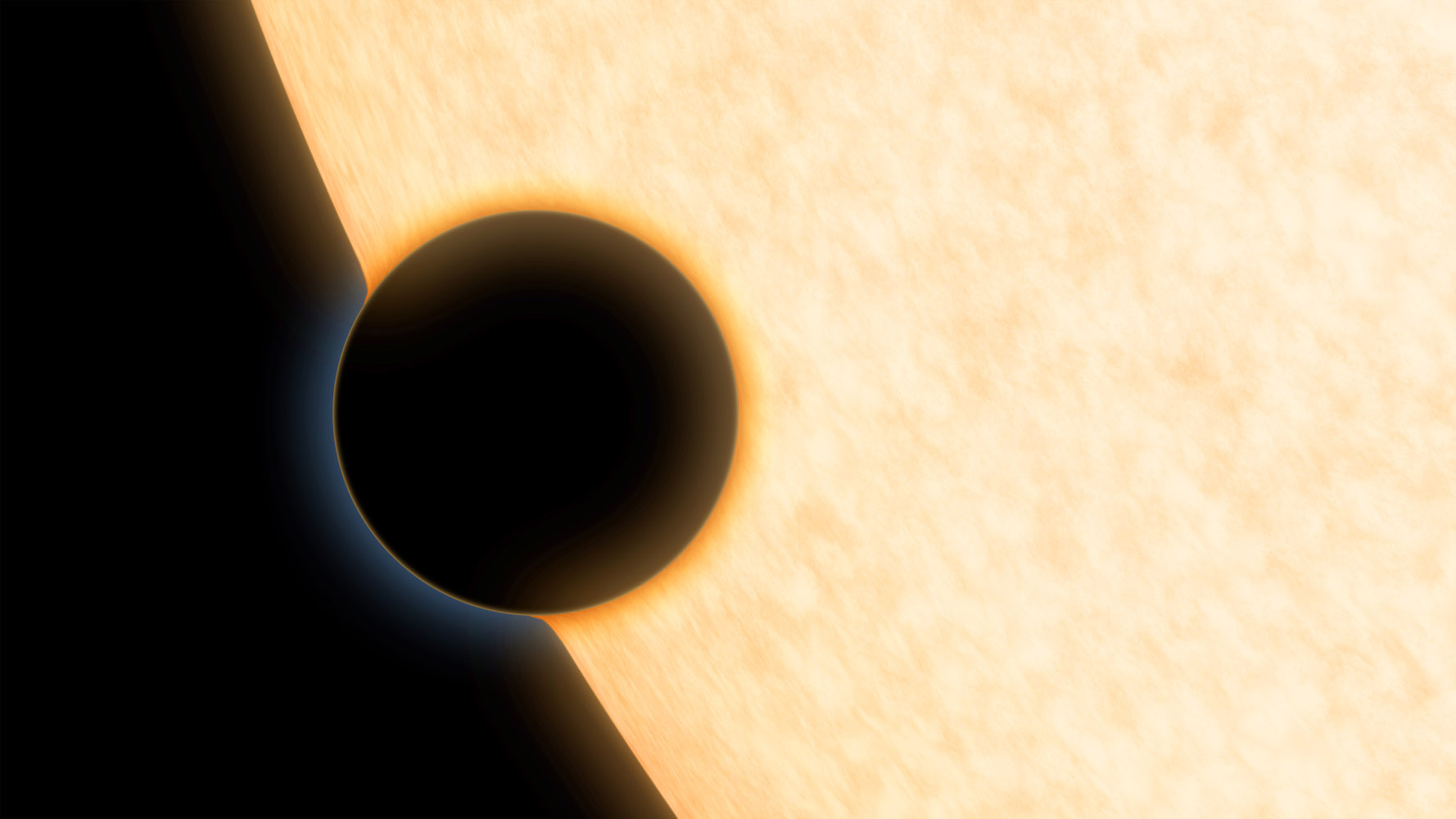 This artist’s illustration depicts the alien planet HAT-P-11b, which shows signs of water in its atmosphere, as the exoplanet crosses in front of its parent star. 