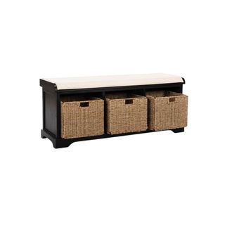 Painswick Canvas Upholstered Storage Bench in black with three woven baskets and a white cushion