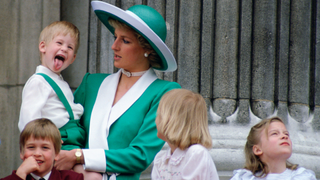 Prince Harry Sticking His Tongue Out Much To The Suprise Of His Mother, Princess Diana At Trooping The Colour With Prince William, Lady Gabriella Windsor And Lady Rose Windsor Watching From The Balcony Of Buckingham Palace in 1988