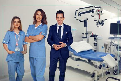 a still of tv presenter Alex Jones in hospital scrubs next to two doctors promoting new show Alex Jones: Making Babes