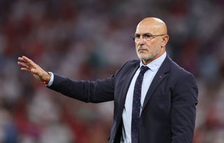 Spain Euro 2024 squad Luis de la Fuente, Head Coach of Spain, gestures during the UEFA EURO 2024 Semi-Final match between Spain and France at Munich Football Arena on July 09, 2024 in Munich, Germany. (Photo by Alex Pantling - UEFA/UEFA via Getty Images)