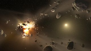 This artist concept catastrophic collisions between asteroids located in the belt between Mars and Jupiter and how they have formed families of objects on similar orbits around the sun.