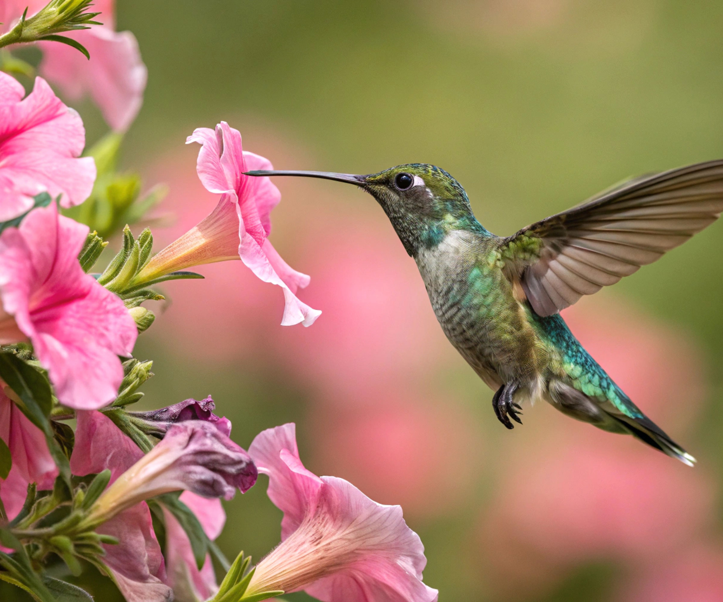 hummingbird hovering near pink tubular flowers