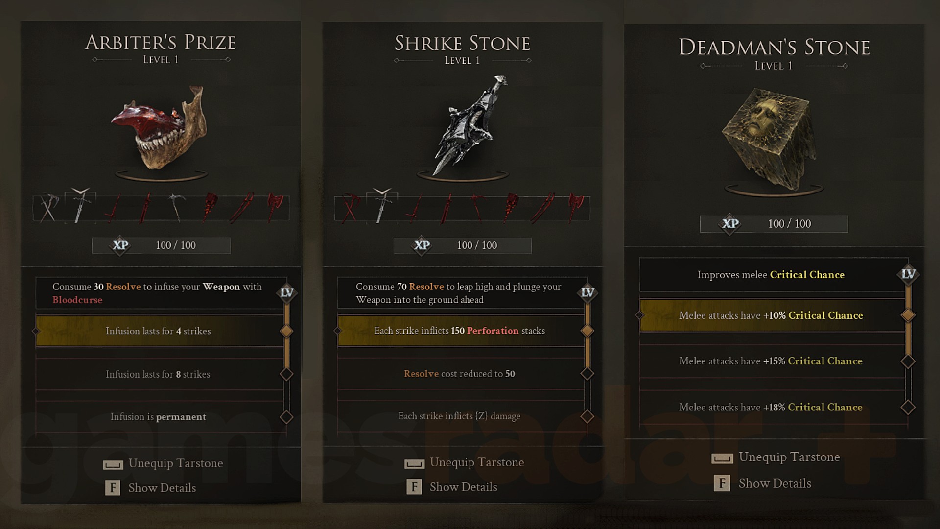 Three of the best Mortal Shell 2 Tarstones and their descriptions.