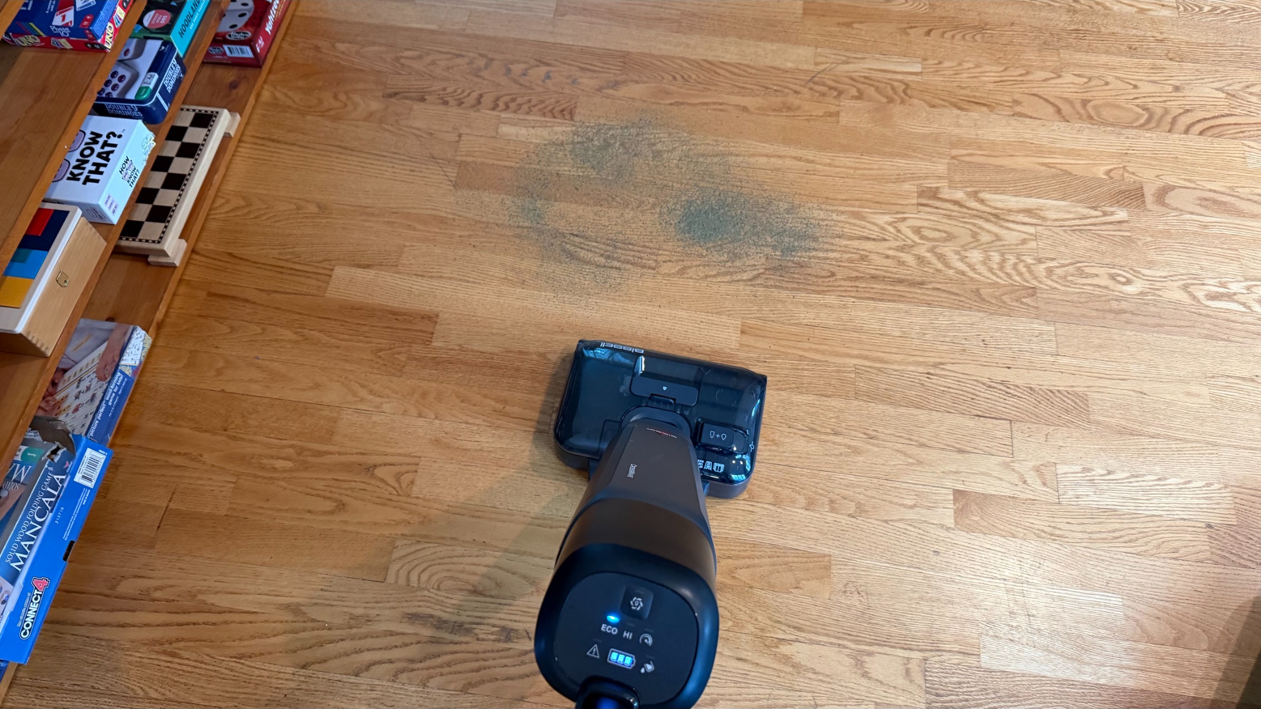 The Bissell CrossWave Reach Plus before vacuuming up a bunch of tea leaves.