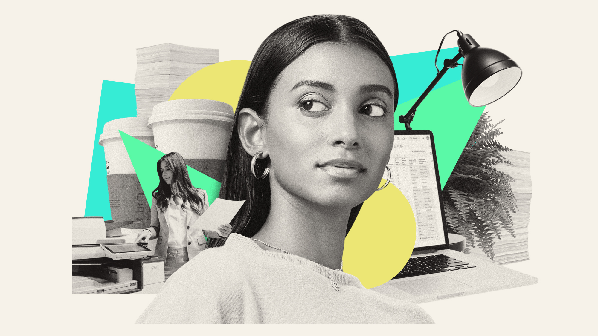 Photo composite illustration of Gen Z workers in an office environment