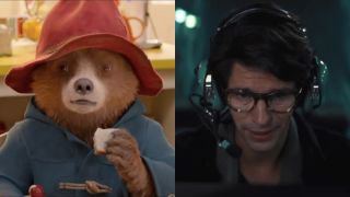 Paddington eating a sandwich in Paddington 2 and Ben Whishaw manning a console in No Time To Die, pictured side by side.