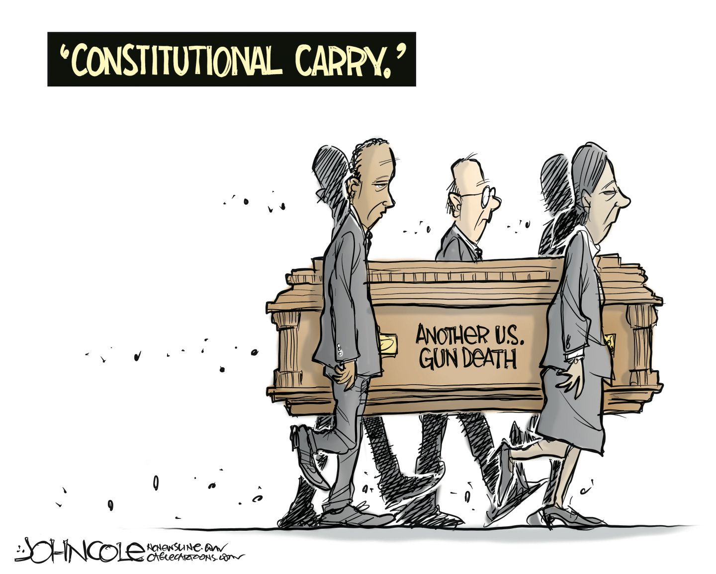 
                                This political cartoon is titled &quot;Constitutional Carry.&quot; It shows a group of pallbearers carrying a coffin with the words &quot;Another U.S. Gun Death&quot; written on the side.
                            