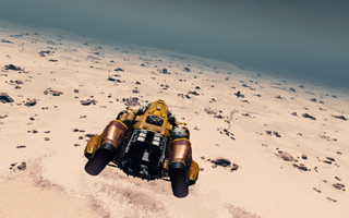 A spaceship flies over a sandy planet in Starfield