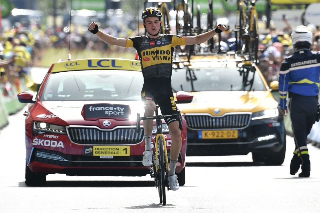 Team Jumbo Vismas Sepp Kuss of US celebrates as he crosses the finish line of the 15th stage of the 108th edition of the Tour de France cycling race 191 km between Ceret and AndorreLaVieille on July 11 2021 Photo by Philippe LOPEZ AFP Photo by PHILIPPE LOPEZAFP via Getty Images