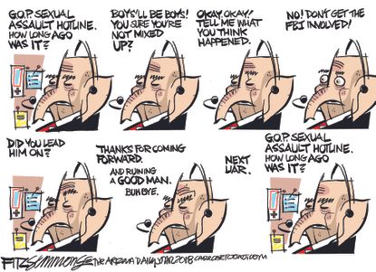 Political cartoon U.S. GOP sexual assault hotline Brett Kavanaugh Christine Blasey Ford