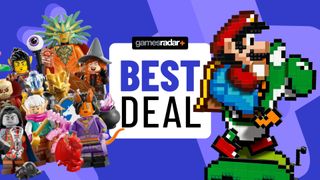 Lego D&D Minifigures and Super Mario World kit on either side of a 'best deal' badge, all against a blue background