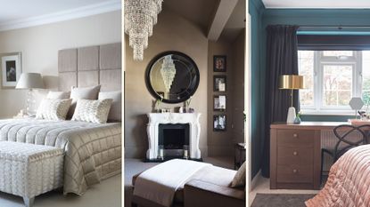 three images of bedrooms, beds, windows and headboards, to illustrate how to make a bedroom look expensive on a budget