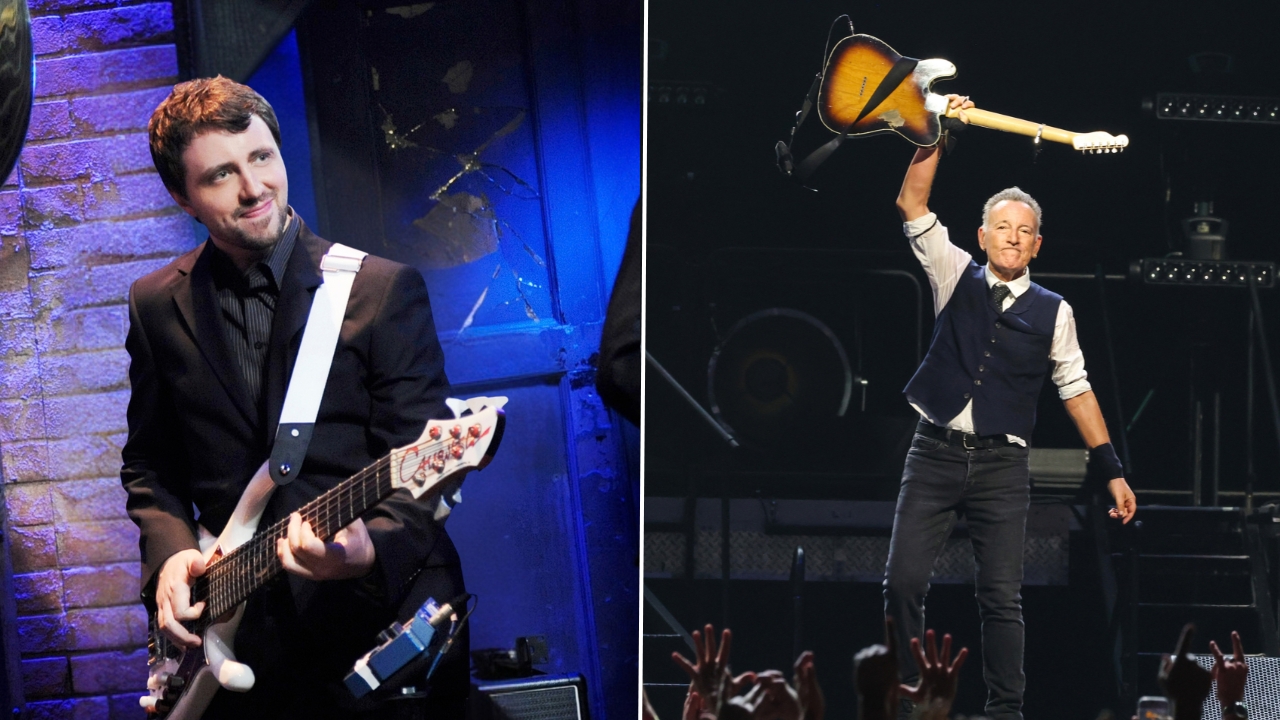 Bass player Owen Biddle performs in concert with The Roots. Bruce Springsteen performs at UBS Arena on May 05, 2026 in Elmont, New York