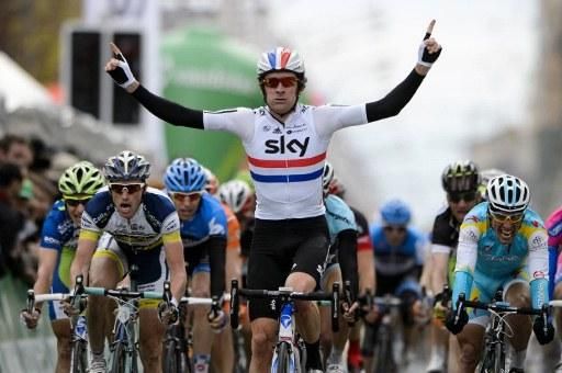 Bradley Wiggins (Team Sky) celebrates a stage win in Romandie