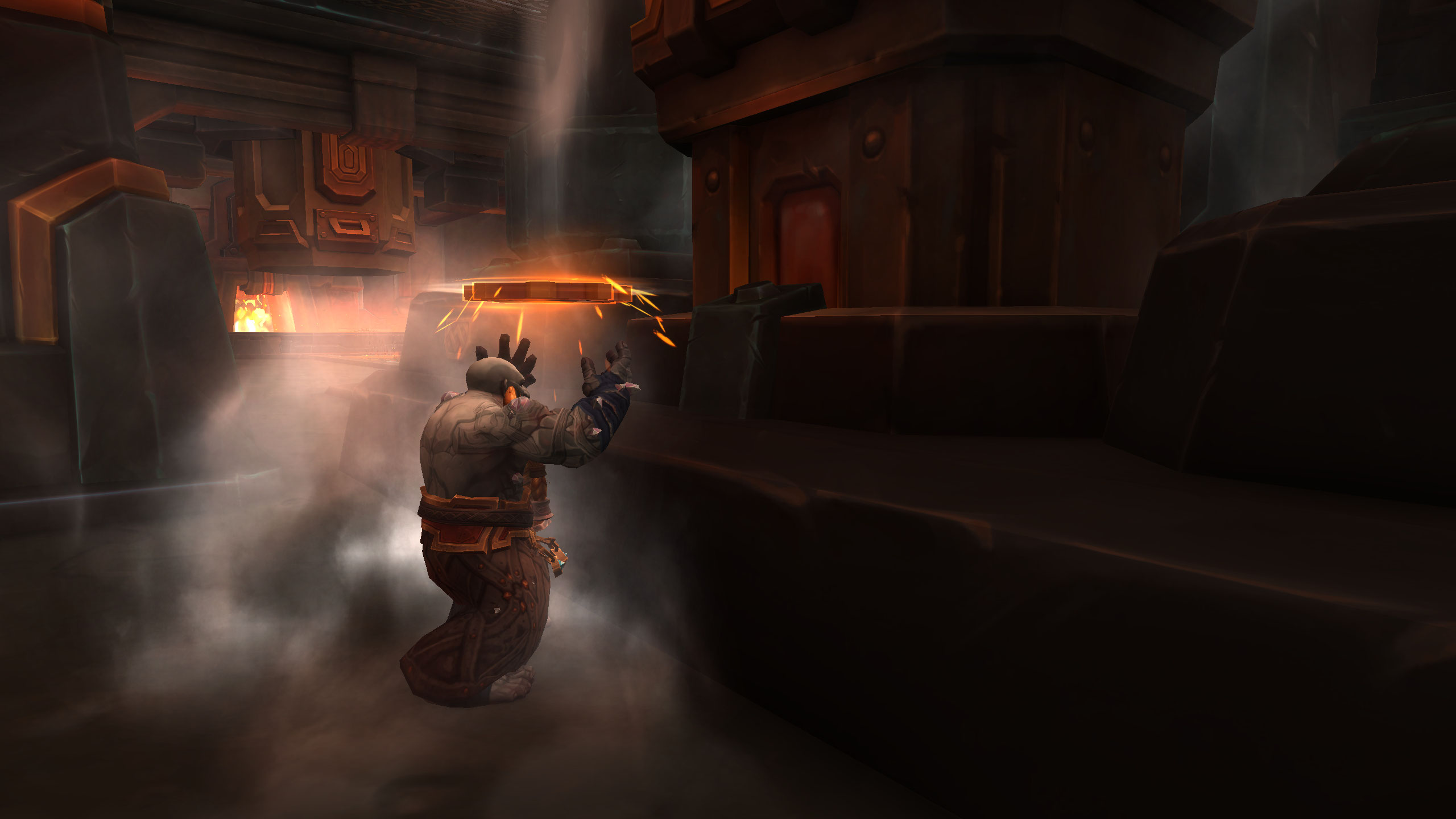 An image of the capital city of World of Warcraft: The War Within, showing an earthen dwarf working a forge with metallurgic magics.