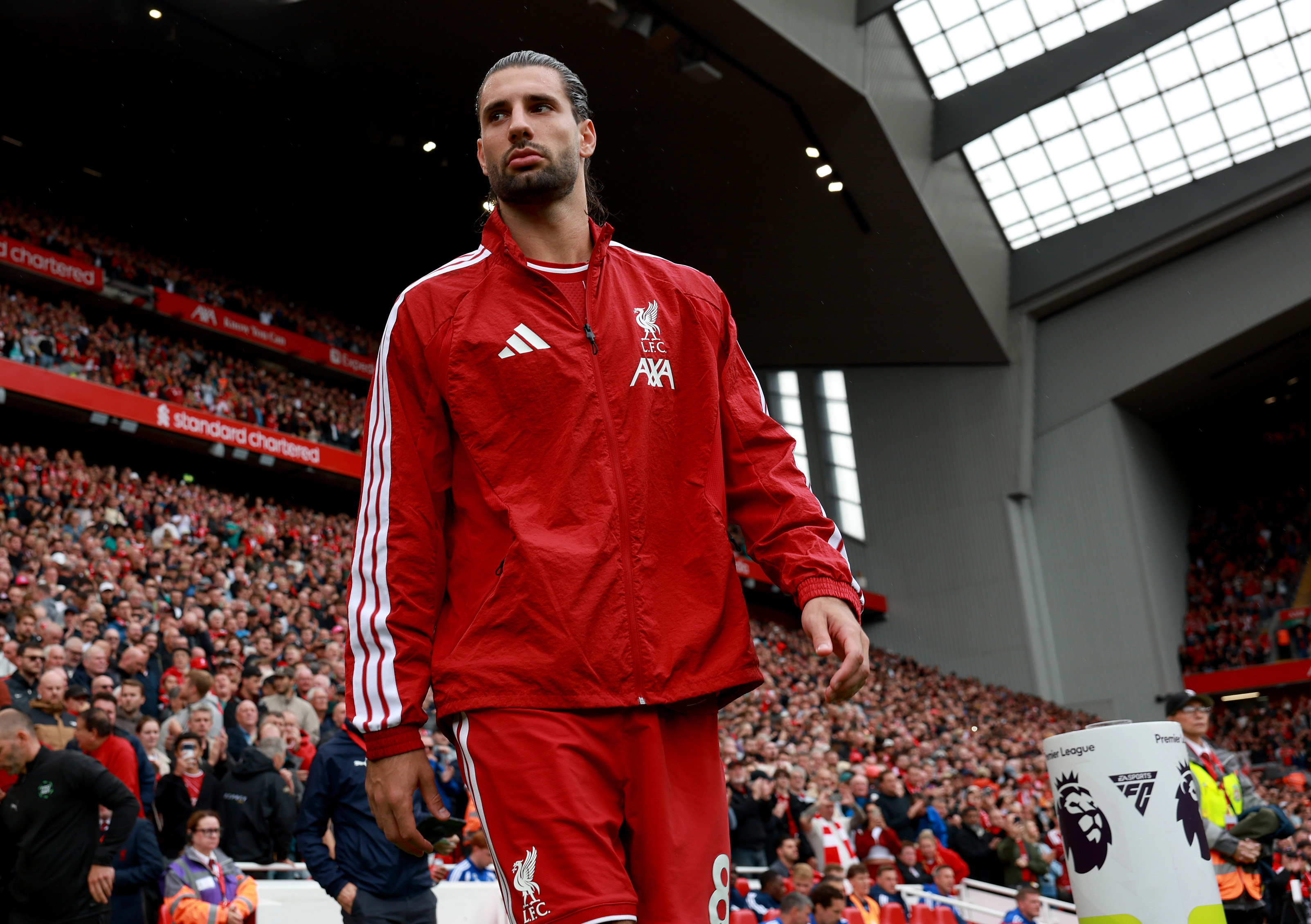 LIVERPOOL, ENGLAND - AUGUST 29: (THE SUN OUT, THE SUN ON SUNDAY OUT) Dominik Szoboszlai of Liverpool walks out onto the pitch before the Premier League 2026/27 match between Liverpool FC and Nottingham Forest FC at Anfield on August 29, 2026 in Liverpool, England. (Photo by Liverpool FC/Liverpool FC via Getty Images)