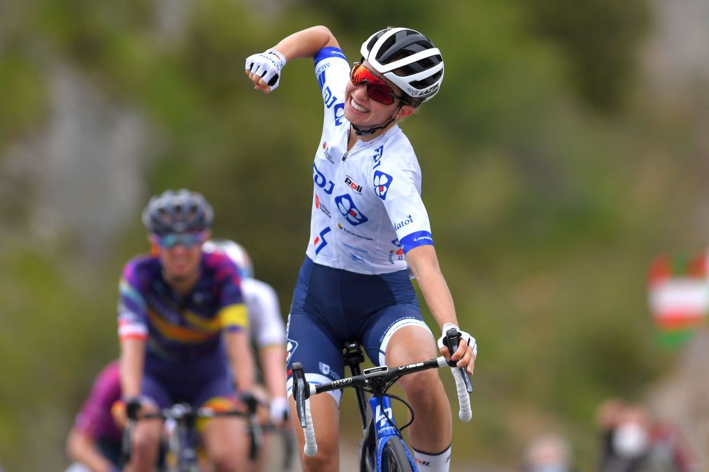 OJO GUAREA SPAIN MAY 22 Cecilie Uttrup of Ludwig Denmark and Team FDJ Nouvelle Aquitaine Futuroscope celebrates at arrival during the 6th Vuelta A Burgos Feminas 2021 Stage 3 a 1154km stage from Medina de Pomar to Complejo Krstico de Ojo Guarea 768m VueltaBurgos BurgosFem UCIWWT on May 22 2021 in Ojo Guarea Spain Photo by Luc ClaessenGetty Images