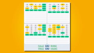 Quordle Daily Sequence answers for game 464 on a yellow background