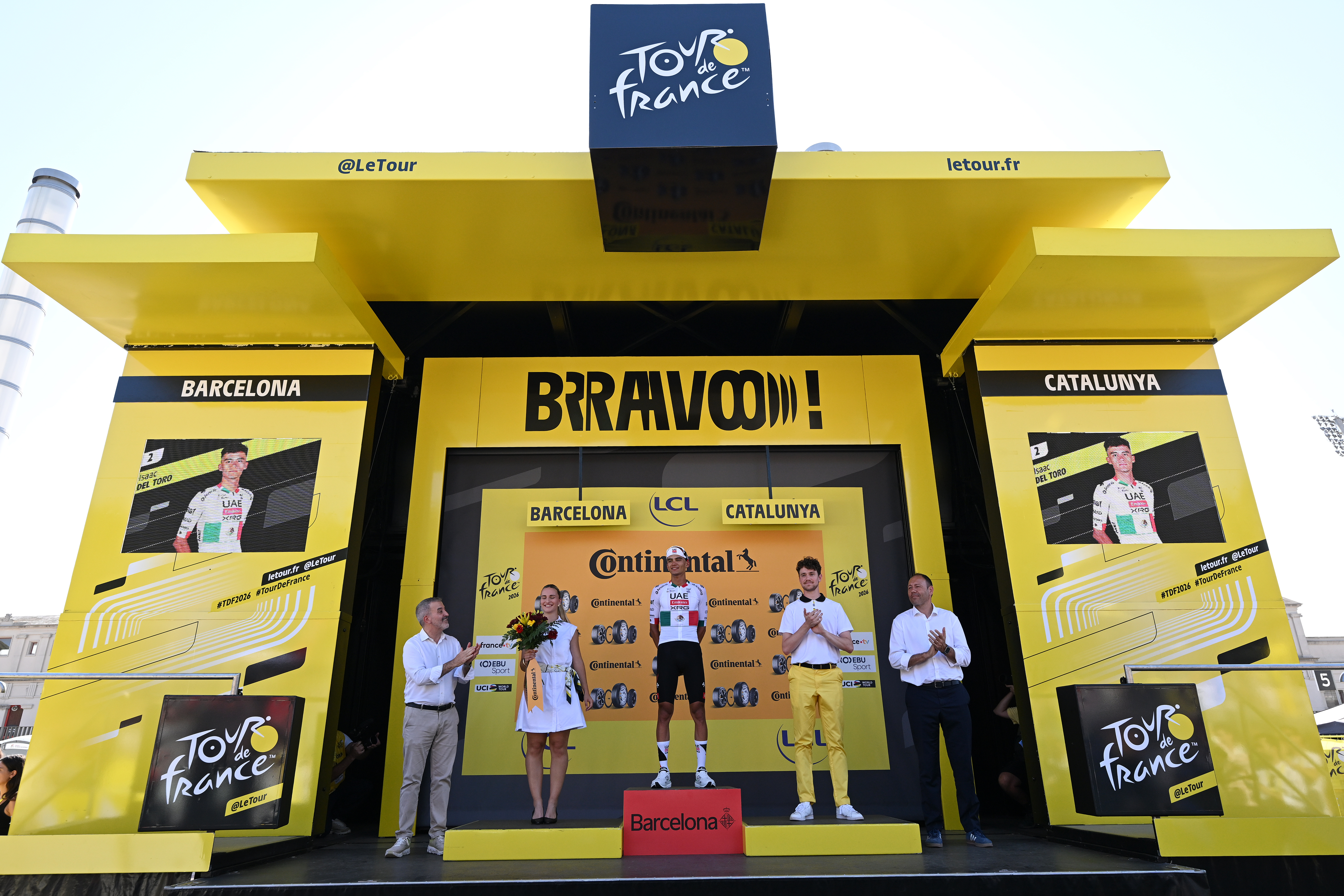 BARCELONA, SPAIN - JULY 05: Isaac Del Toro of Mexico and UAE Team Emirates - XRG celebrates at podium as stage winner during the 113th Tour de France 2026, Stage 2 a 168.5km stage from Tarragona to Barcelona 109m / #UCIWT / on July 05, 2026 in Barcelona, Spain. (Photo by Tim de Waele/Getty Images)