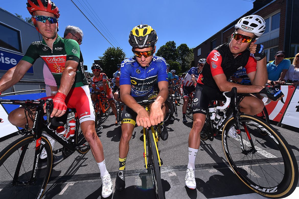 Jersey wearers at the start line of the Baloise Belgium Tour's fourth stage