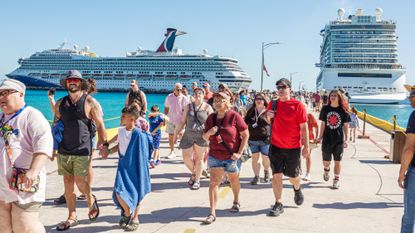 Cruise ship passengers disembark at the dock in Costa Maya, Mexico.