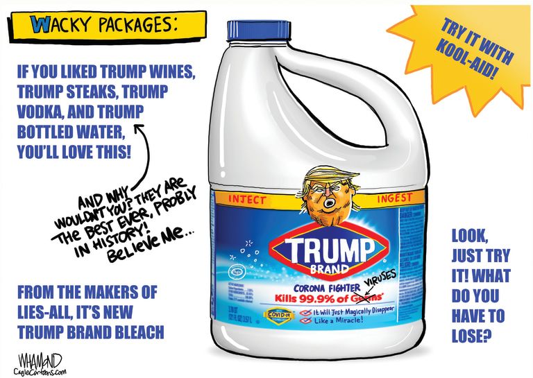 Political Cartoon U.S. Trump bleach coronavirus wacky packages