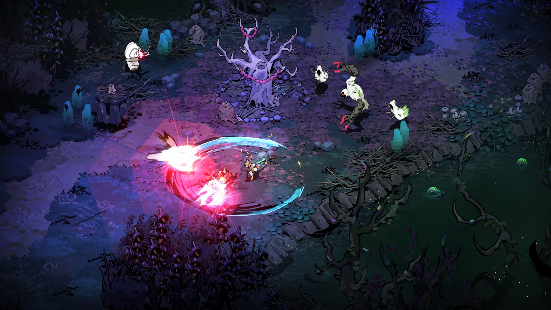 Melino&amp;euml; uses twin blades to slash two enemies in Hades 2 as more approach from behind