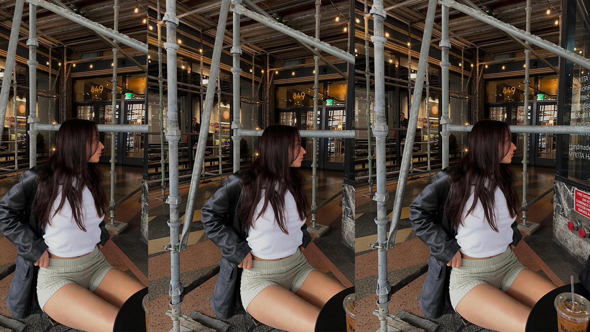 Angelica wears micro shorts, a T-shirt, and a leather jacket.