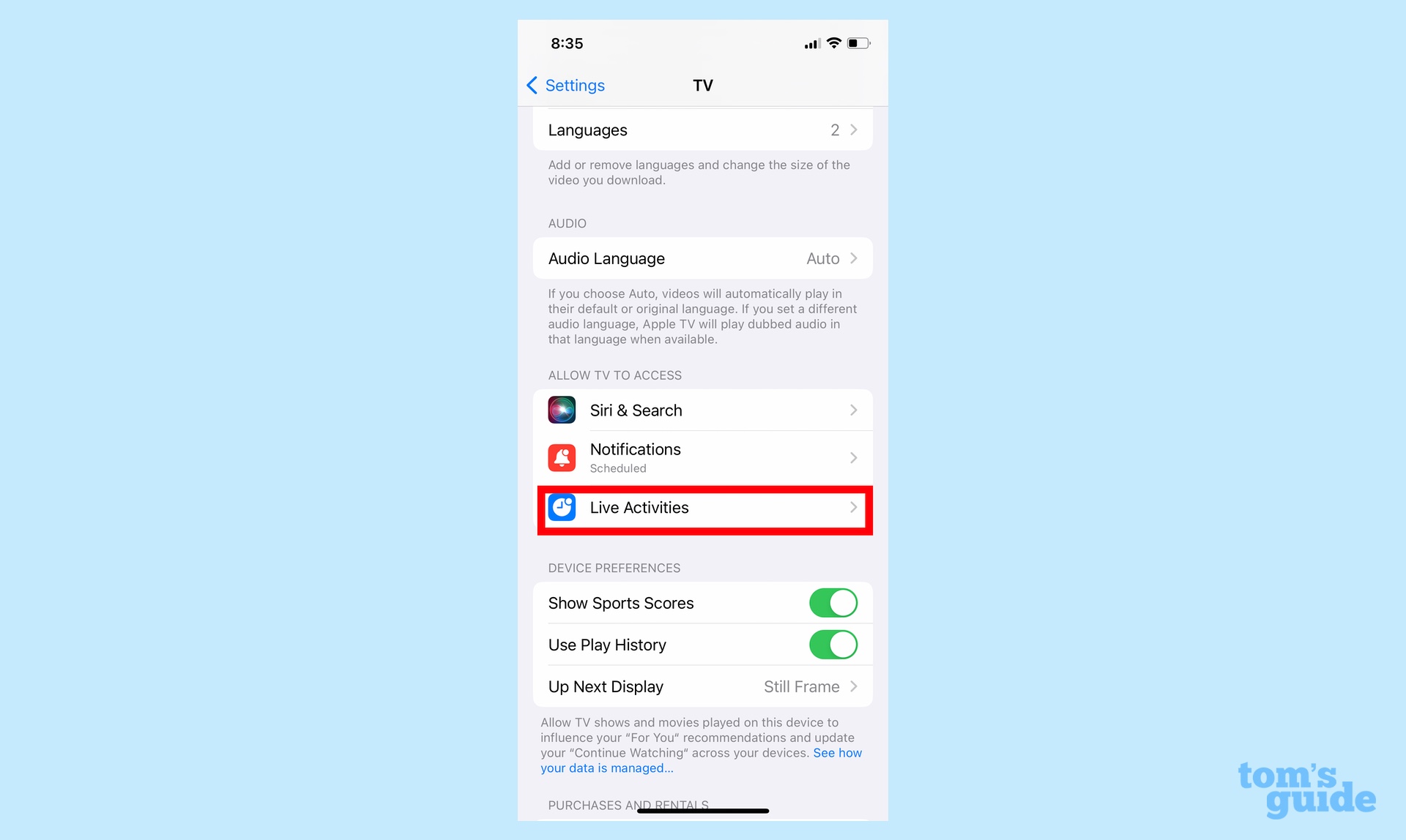 select live activities in app settings to adjust frequency