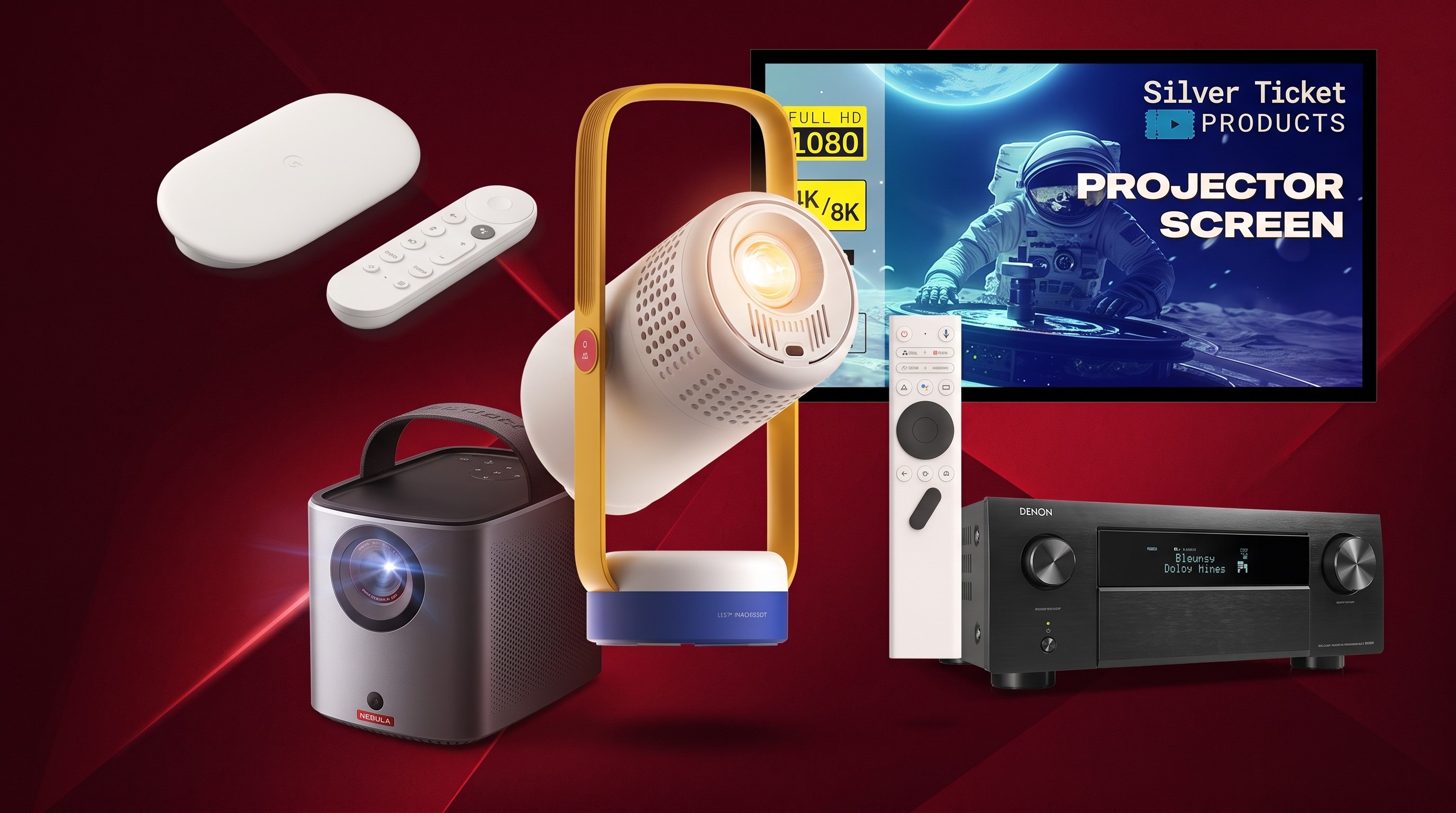 A collection of home theater equipment on a dark red background