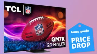 The TCL QM7K displaying an NFL-branded football in front of a colored background. There is a badge next to the TV that reads: Tom's Guide Price Drop.