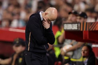 Erik ten Hag, Manager of Manchester United, looks dejected during the UEFA Europa League Quarterfinal Second Leg match between Sevilla FC and Manchester United at Estadio Ramon Sanchez Pizjuan on April 20, 2023 in Seville, Spain.