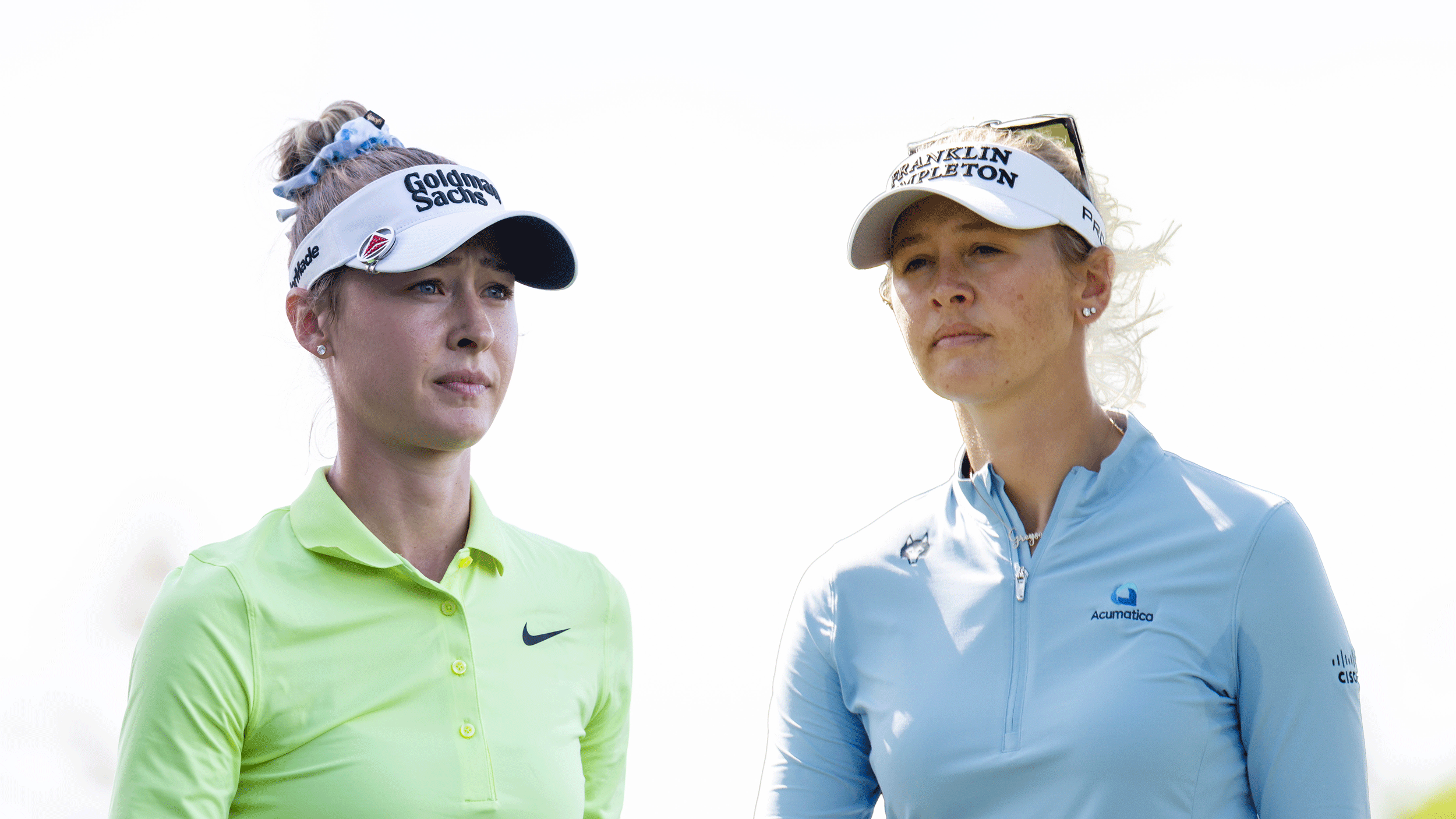 (left) Nelly Korda and Jessica Korda look on during events at the start of the 2026 season and the end of the 2025 campaign